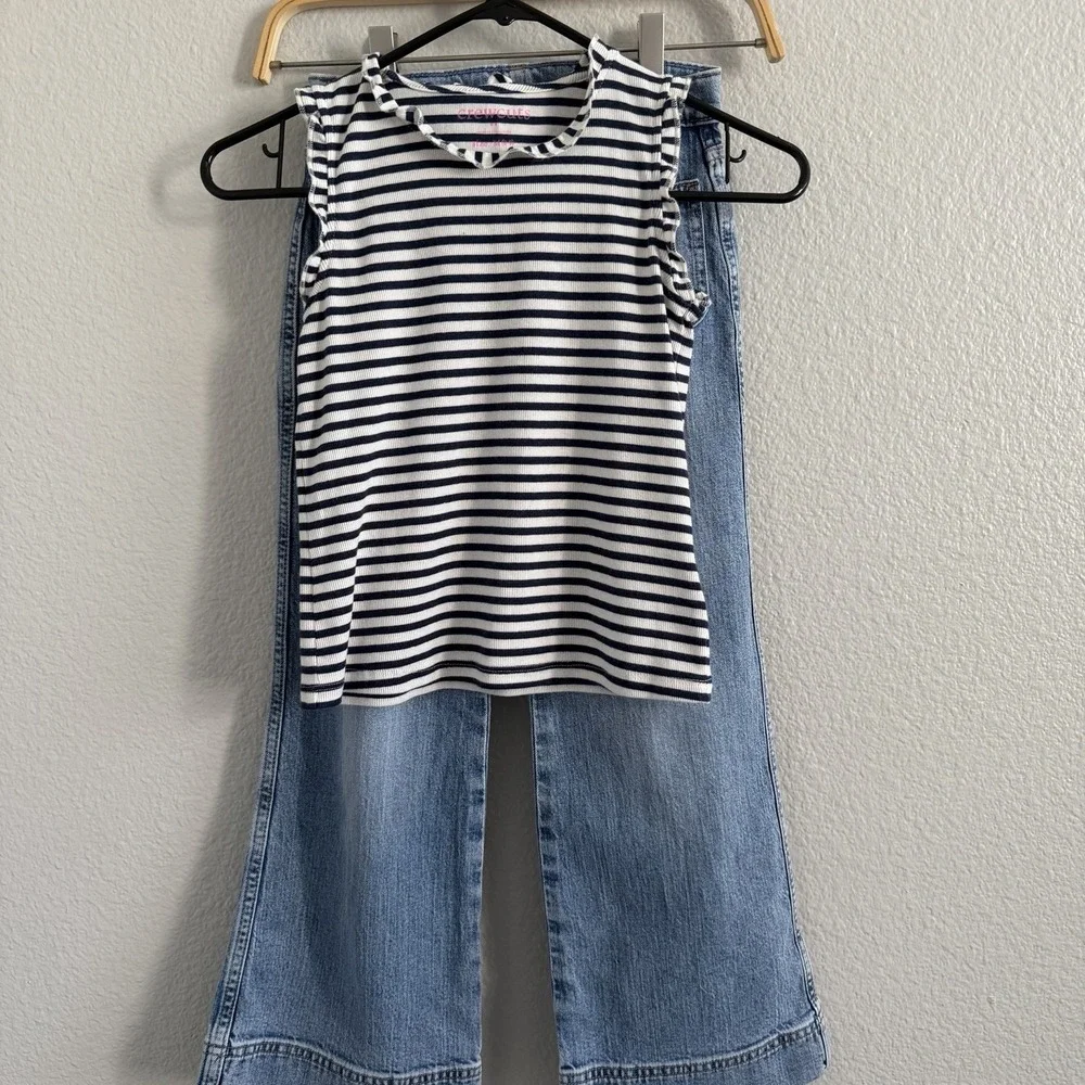 Crewcuts Girls Size 8 Denim Wide-leg Jeans Top Lot Bundle Striped Ruffle Top